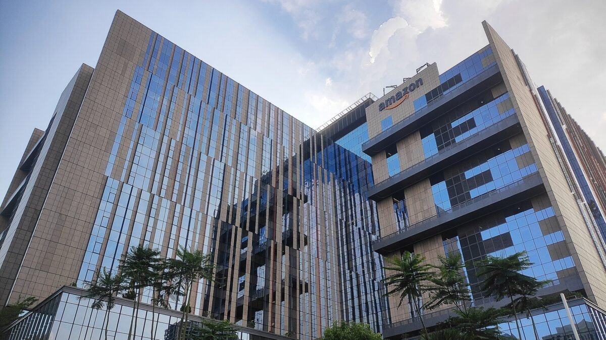 Amazon's glass-fronted office building in Gachibowli, Hyderabad