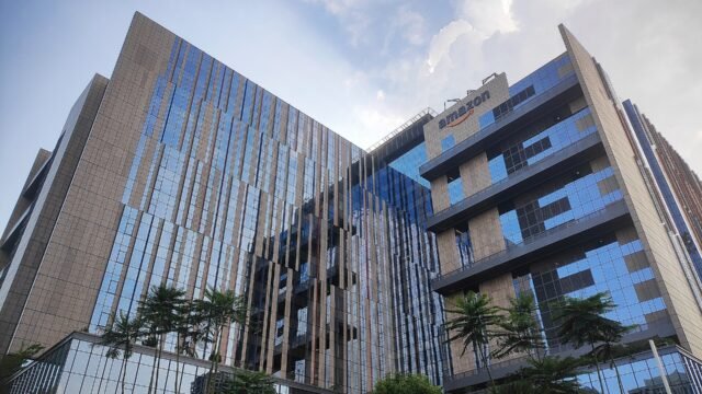 Amazon's glass-fronted office building in Gachibowli, Hyderabad