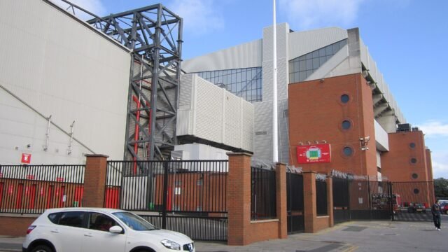 Exterior of Anfield stadium in Liverpool