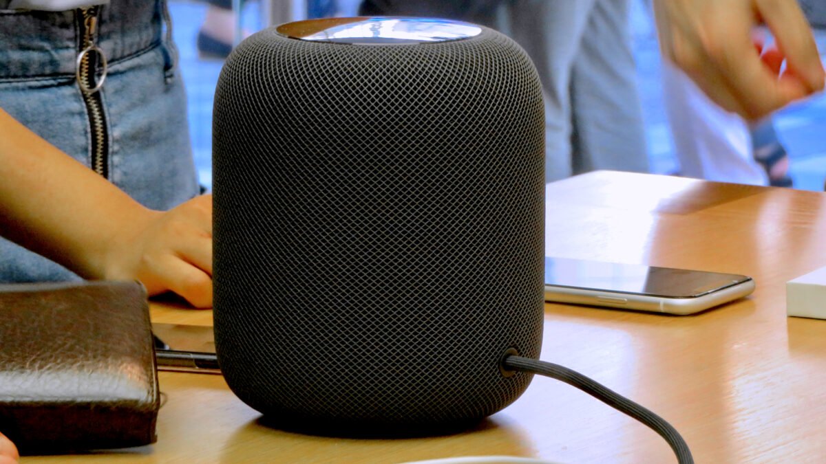 an Apple HomePod speaker at an Apple Store.