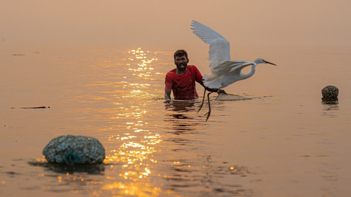 A fisherman wading at Kakinada beach, Andhra Pradesh
