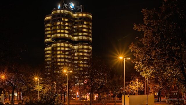 BMW headquarters tower, Munich, at night