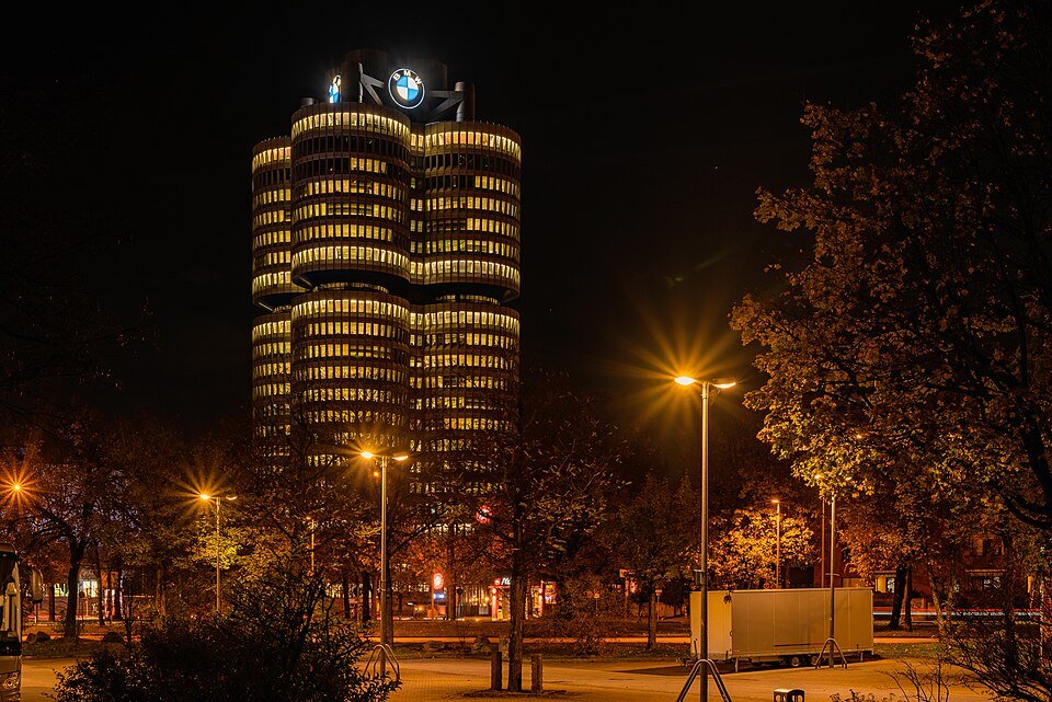 BMW headquarters tower, Munich, at night
