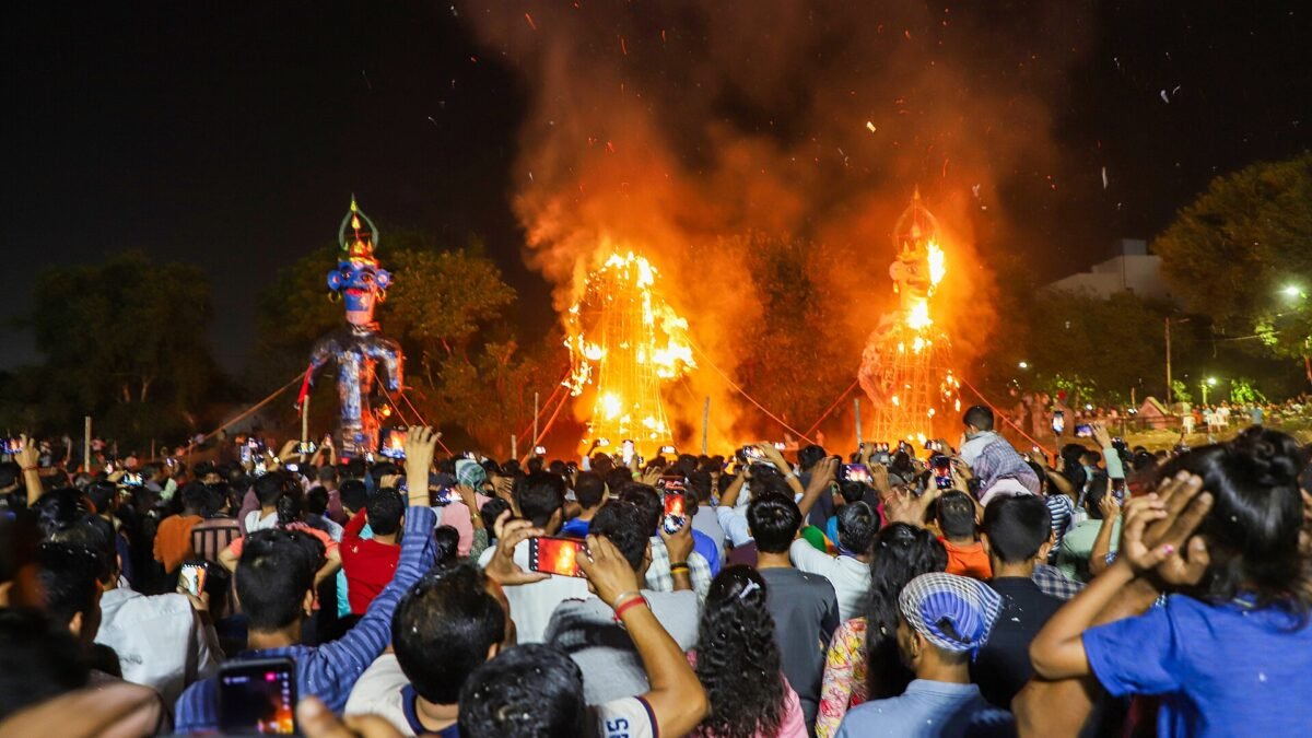 Ravan effigy burning with fireworks during Dussehra celebrations