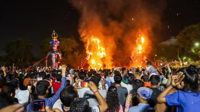 Ravan effigy burning with fireworks during Dussehra celebrations