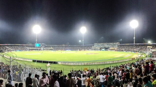 Floodlit Gaddafi Stadium in Lahore