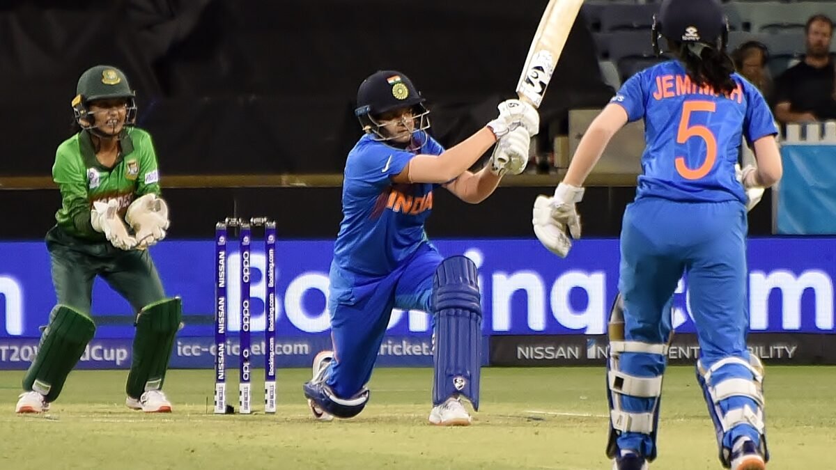 Shafali Verma playing a shot for India in a T20 match against Bangladesh