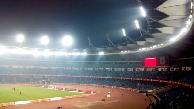 Floodlit Jawaharlal Nehru Stadium in New Delhi during an Indian Super League match