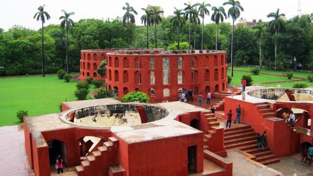 The red sandstone instruments of the Jantar Mantar observatory in New Delhi
