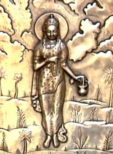 Goddess Brahmacharini depicted on a silver door at Amber Fort, Rajasthan