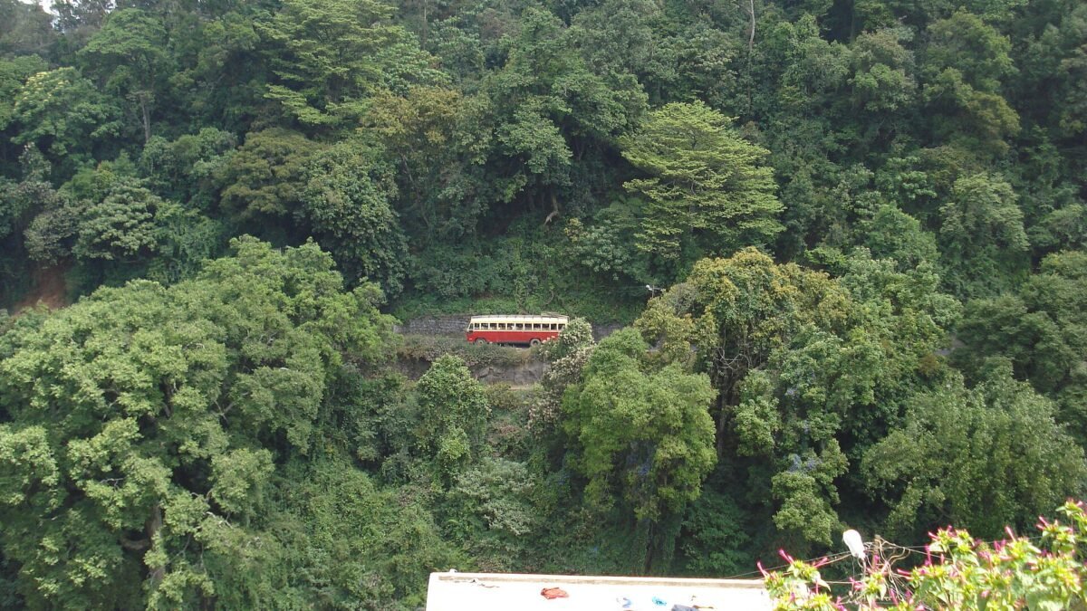 Bus on a hill road in the Nilgiris