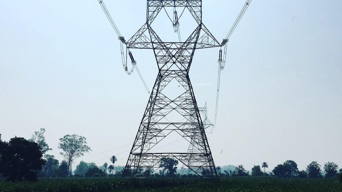 High-voltage transmission tower and lines