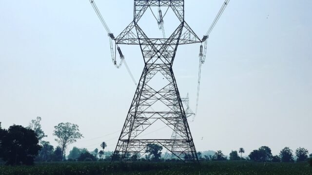 High-voltage transmission tower and lines