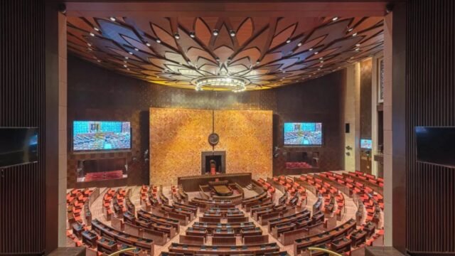 The Rajya Sabha chamber in the new Parliament building in New Delhi