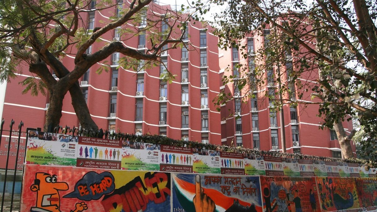 National Voters Day posters outside the Election Commission of India building in New Delhi