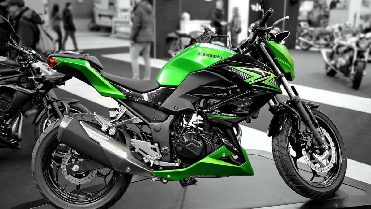 A green Kawasaki Z300 motorcycle