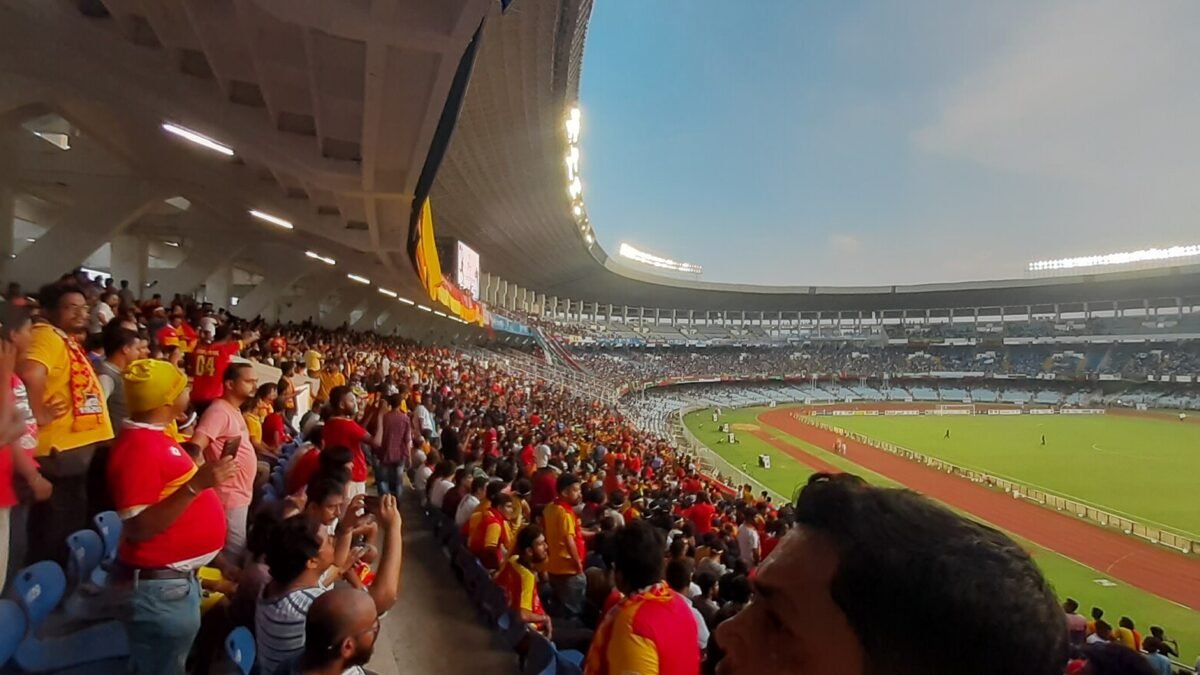 Football supporters in the stands at Salt Lake Stadium, Kolkata